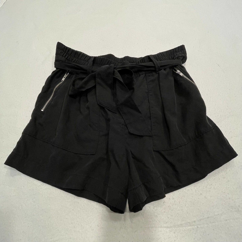 Sundance Melina Belted Paperbag Waist Short 8 Black Tencel Zipper-Pocket Pull On - Picture 2 of 10